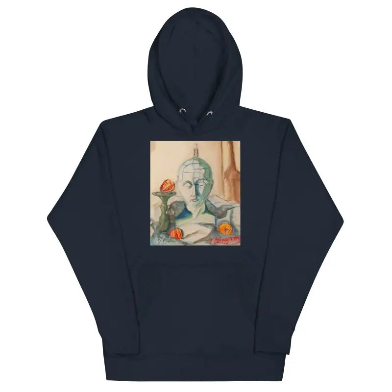 Navy blue classic unisex hoodie with artistic portrait print on the front