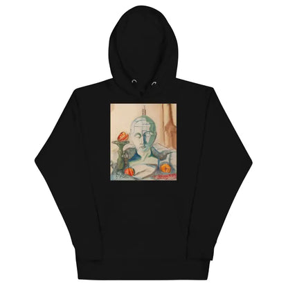 Black classic unisex hoodie showcasing an artistic print of a classical bust with flowers