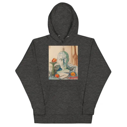 Dark gray classic unisex hoodie with classical artwork of a fruit-draped bust