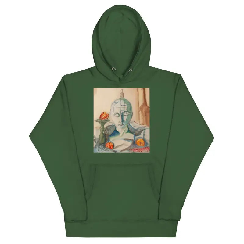 Forest green classic unisex hoodie showcasing classical bust artwork on the front