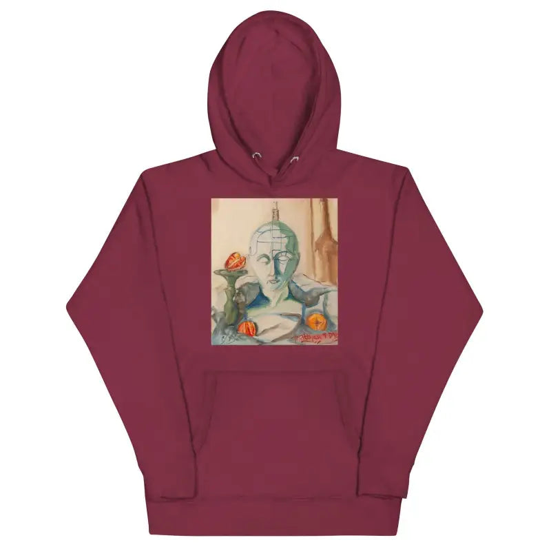 Burgundy unisex hoodie featuring classical bust artwork and roses in artistic design