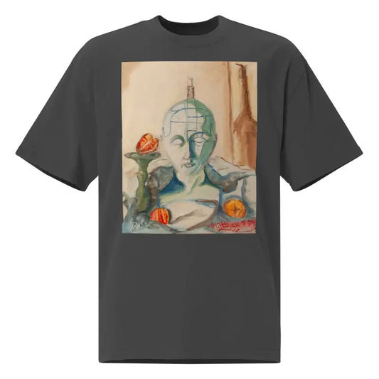 Dark gray faded oversized tee featuring a phrenology head and artistic fruit print