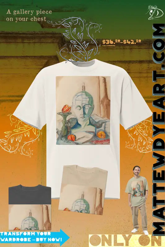 White faded oversized tee featuring classical bust artwork and red roses design