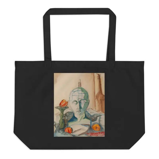 Black phrenology organic tote with artistic print of a sculptural head and oranges