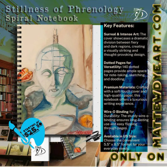 Spiral notebook featuring Stillness of Phrenology with ethereal watercolor artwork cover