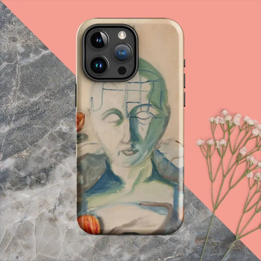 Artistic portrait iPhone case in muted blue and green tones, phrenology tough case design