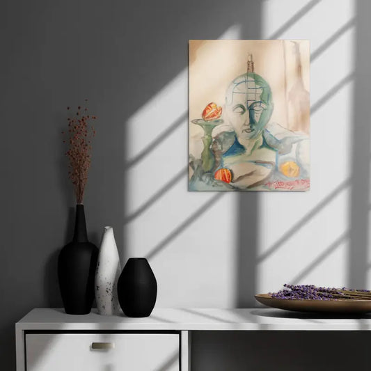 Watercolor painting of a Buddha statue with orange flowers in a phrenology metal print