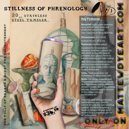 Stainless steel water bottle featuring reflective oil painting phrenology design