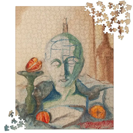 Partially completed Phrenology Jigsaw Puzzle featuring a still life with a glass bust and oranges