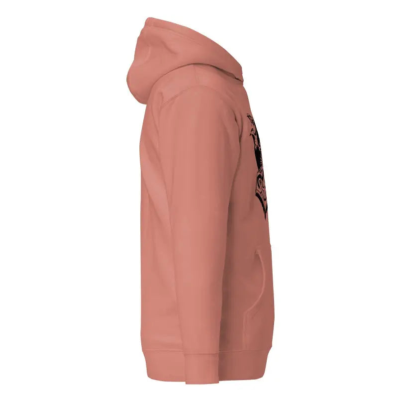 Side view of salmon-colored hooded sweatshirt with Striking Black Mjölnir design