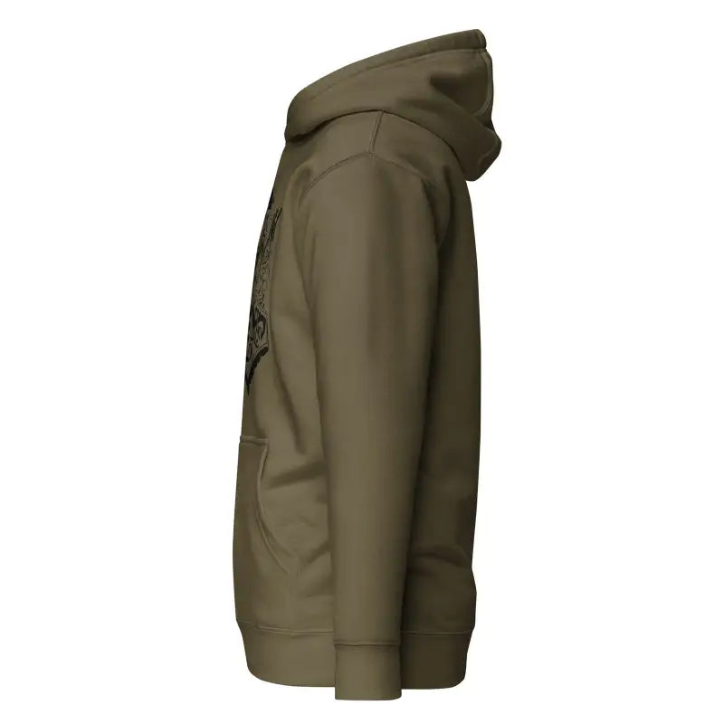 Olive green hooded sweatshirt side view, featuring Striking Black Mjölnir design