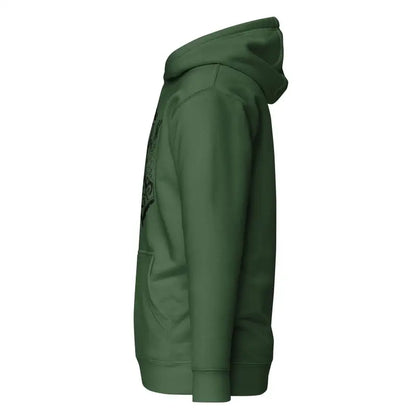 Side view of a green hooded sweatshirt from the Striking Black Mjölnir collection