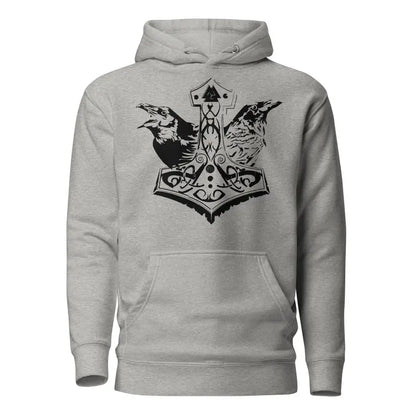 Grey hoodie showcasing a striking black Mjölnir design inspired by Norse mythology ravens