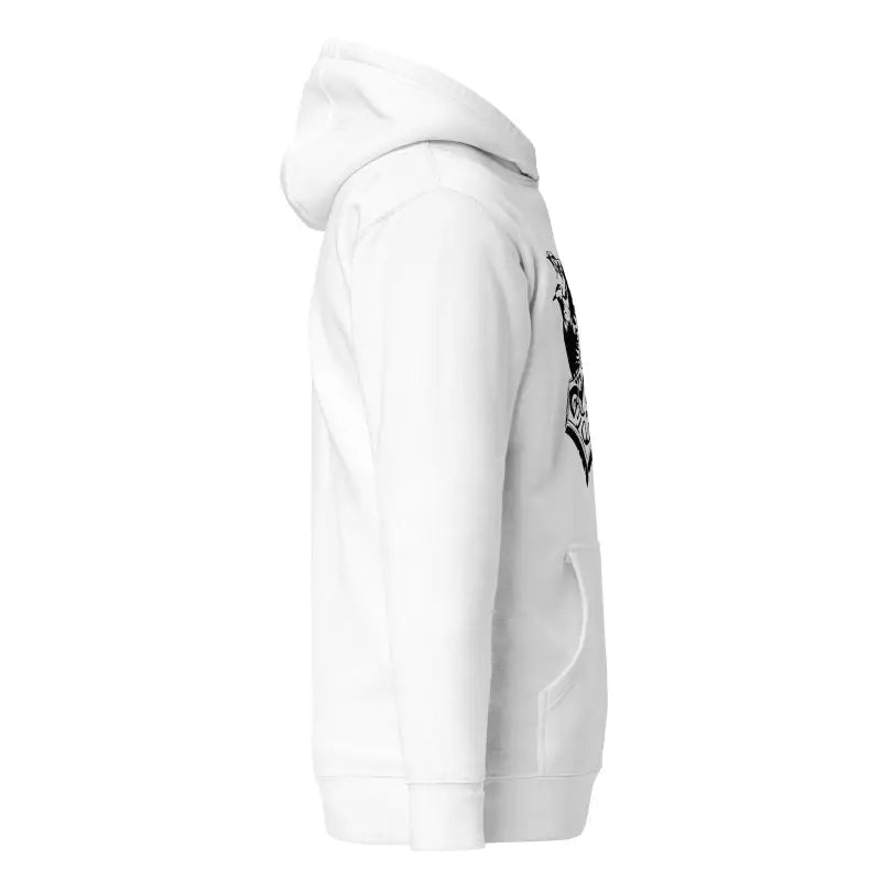 White hooded sweatshirt showcasing a graphic sleeve design of Striking Black Mjölnir