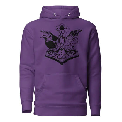 Purple hoodie with black Norse-style design of ravens and symbols, striking black Mjölnir