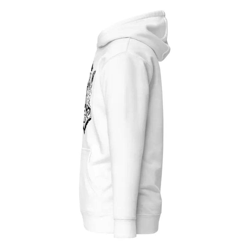 White hooded sweatshirt featuring black graphic design inspired by Norse mythology