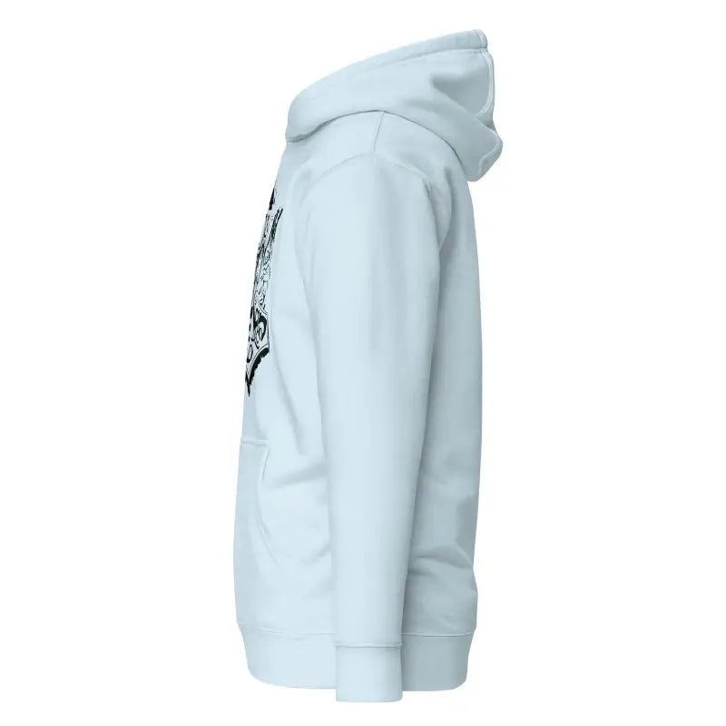 Light blue hooded sweatshirt featuring striking black Mjölnir design inspired by Norse mythology