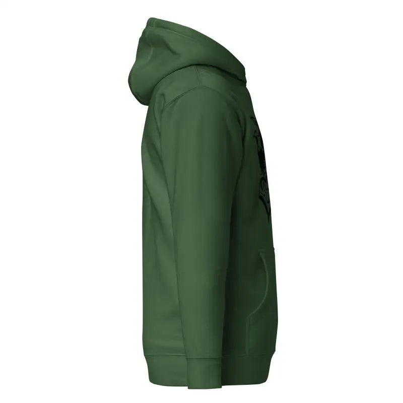 Side view of a dark green hooded sweatshirt from the Striking Black Mjölnir collection