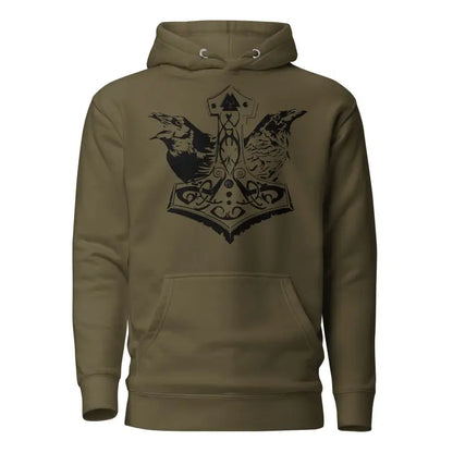 Olive green hoodie featuring striking black Mjölnir and ravens design inspired by Norse mythology