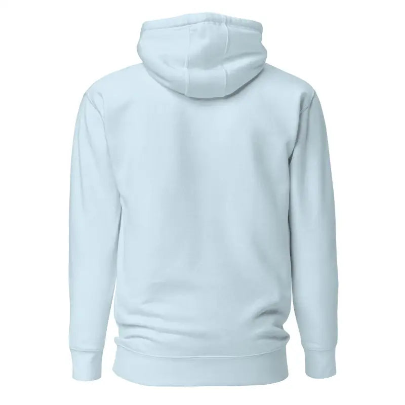 Light blue hooded sweatshirt displayed from the back of the Striking Black Mjölnir Hoodie