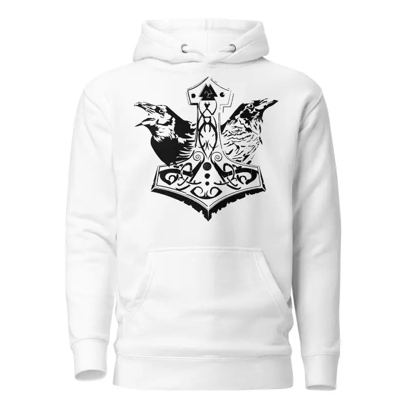 White hoodie featuring a striking black Mjölnir and ravens design inspired by Norse mythology