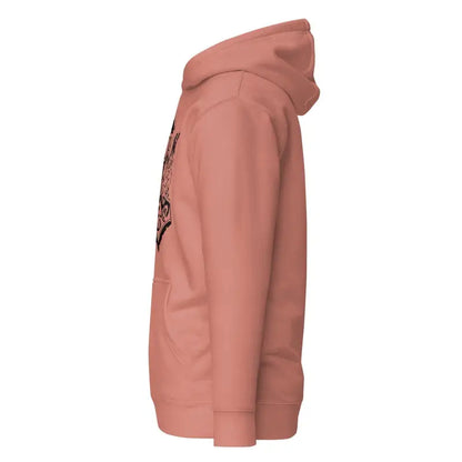 Side view of a Pink hooded sweatshirt from the Striking Black Mjölnir collection inspired by Norse mythology