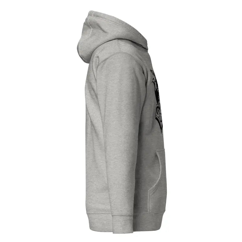 Side view of a Gray Hooded Sweatshirt from the Striking Black Mjölnir Norse Mythology collection