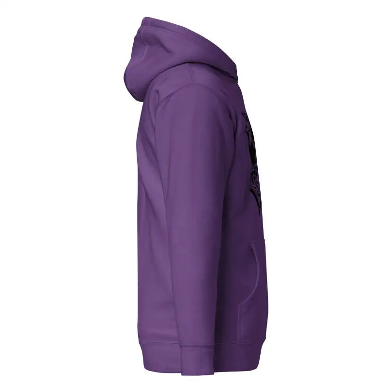 Side view of a purple hooded sweatshirt from the Striking Black Mjölnir collection