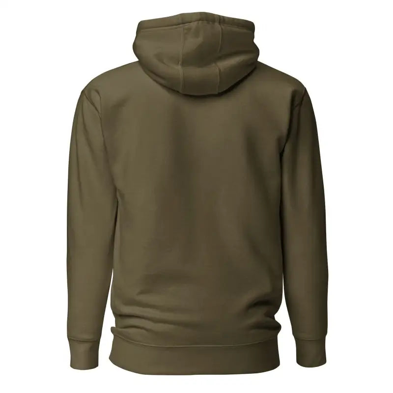 Olive green hooded sweatshirt back view for Striking Black Mjölnir inspired by Norse Mythology