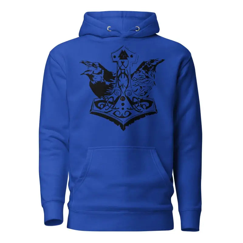 Royal blue hoodie featuring striking black Mjölnir and ravens design inspired by Norse mythology