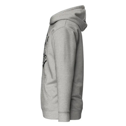 Gray hooded sweatshirt side profile featuring Striking Black Mjölnir design inspired by Norse Mythology