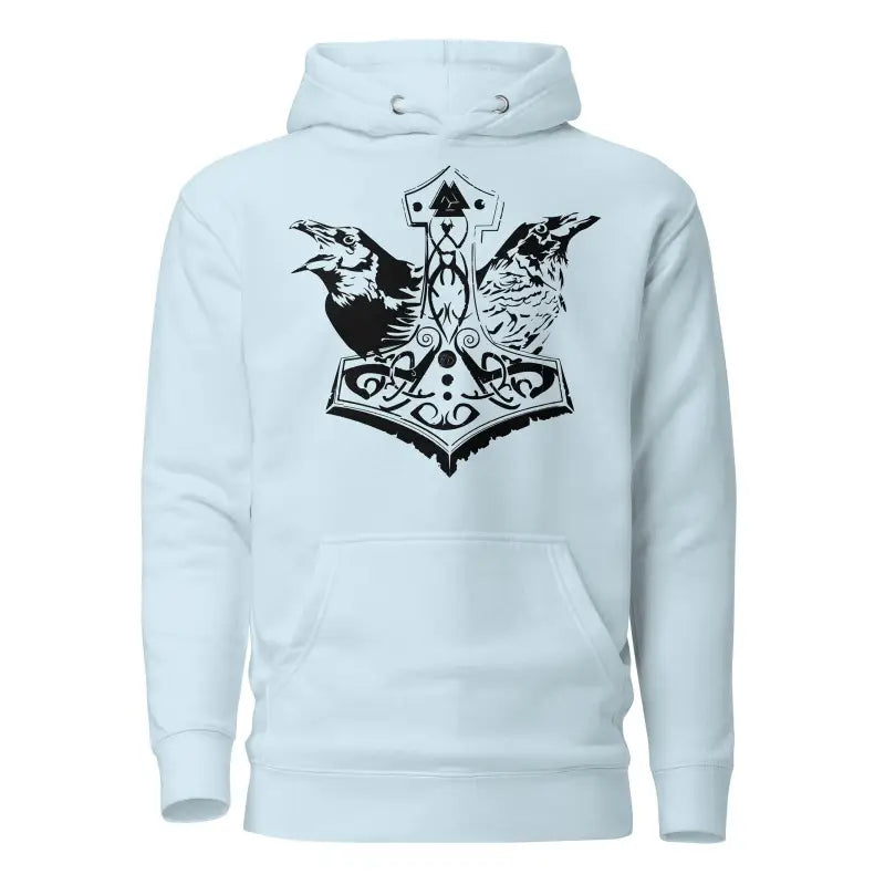 Light blue hoodie with black Norse-style design of ravens and Striking Black Mjölnir