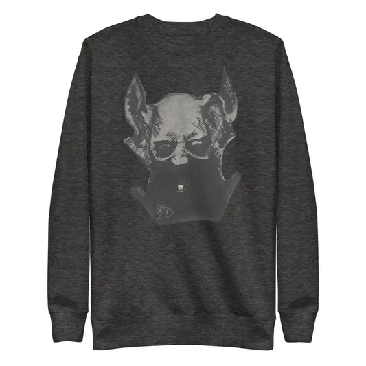 Dark gray sweatshirt featuring a chilling demonic figure sketch in monochromatic design