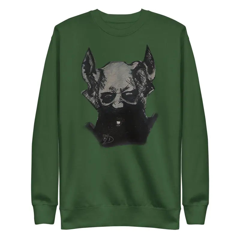 Forest green sweatshirt with black and gray dog illustration, artistry adorned demonic figure sketch