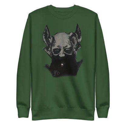 Forest green sweatshirt featuring a chilling demonic figure graphic design