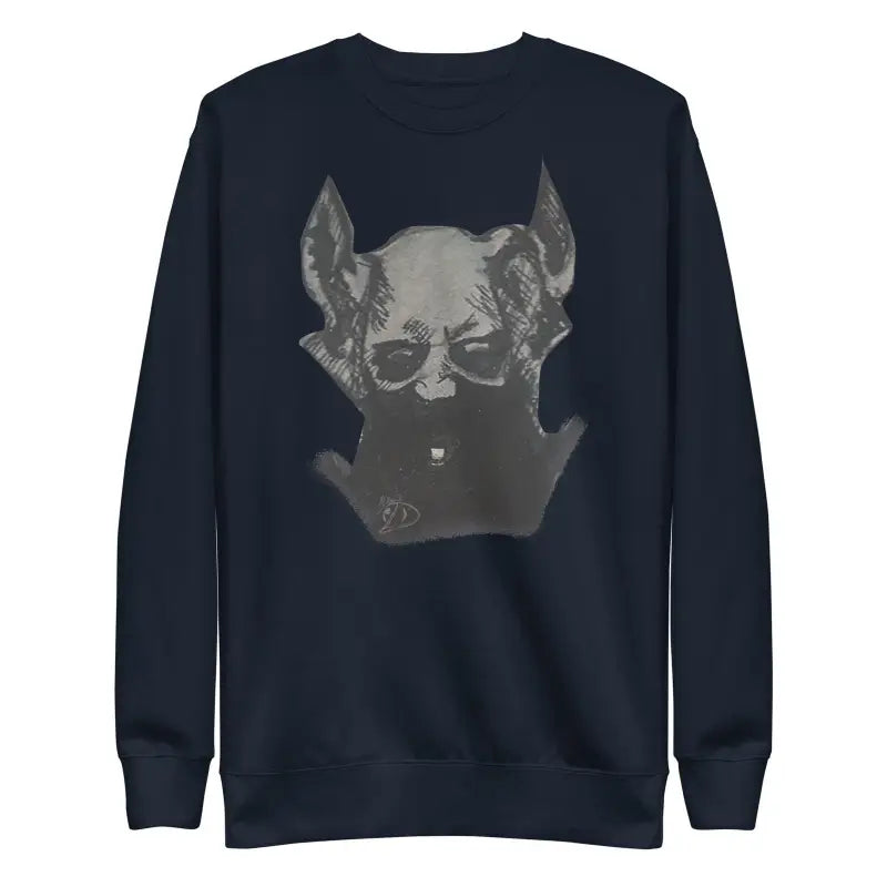 Navy blue sweatshirt featuring a chilling demonic figure sketch for an occult aesthetic