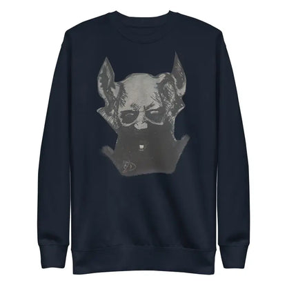 Navy blue sweatshirt featuring a chilling demonic figure sketch for an occult aesthetic