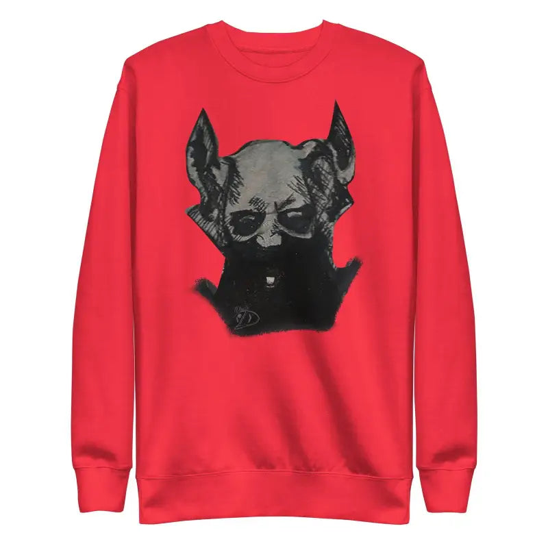 Red sweatshirt featuring a chilling demonic figure graphic, perfect for occult aesthetics