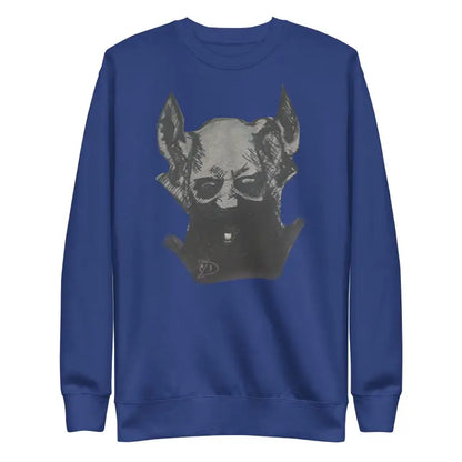 Navy blue sweatshirt featuring chilling demonic figure sketch in artistic design