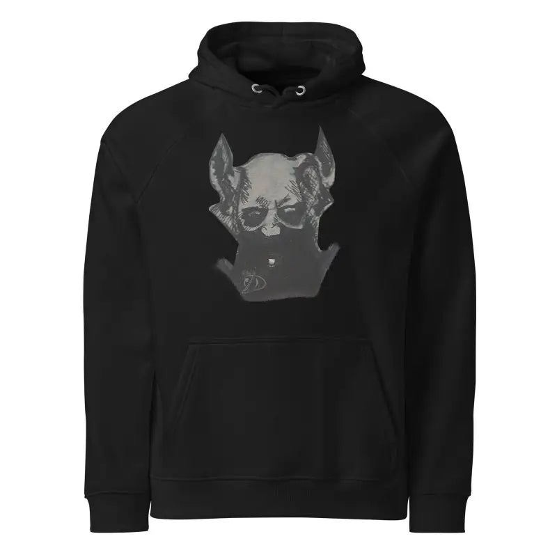 Black eco raglan hoodie featuring a gray dog graphic, embodying wearable embrace adorned