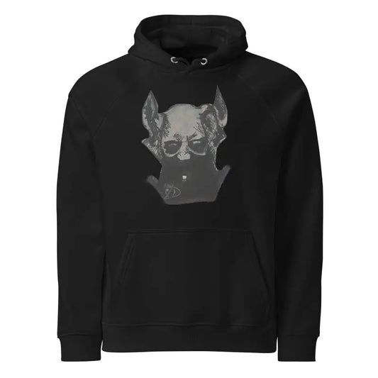 Black eco raglan hoodie featuring a gray dog graphic, embodying wearable embrace adorned