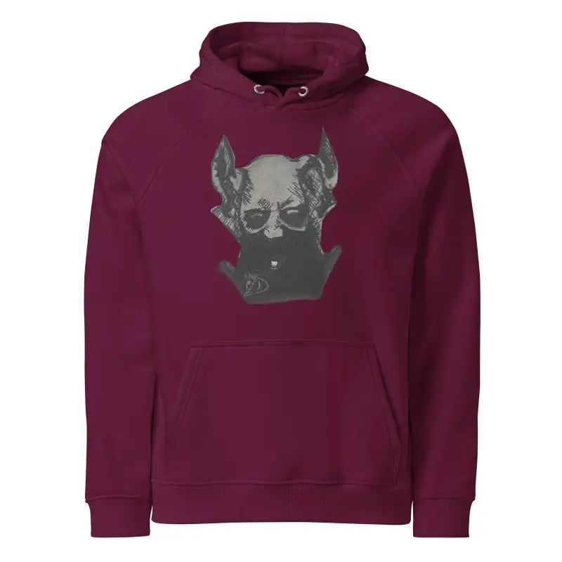 Burgundy eco raglan hoodie featuring a gray bat graphic design for a wearable embrace adorned