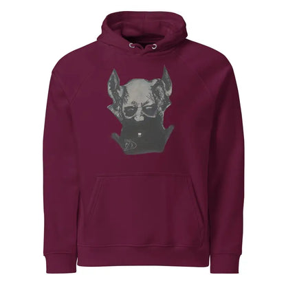 Burgundy eco raglan hoodie featuring a gray bat graphic design for a wearable embrace adorned