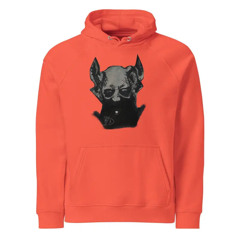 Orange Eco Raglan Hoodie featuring a black dog head graphic for a wearable embrace adorned