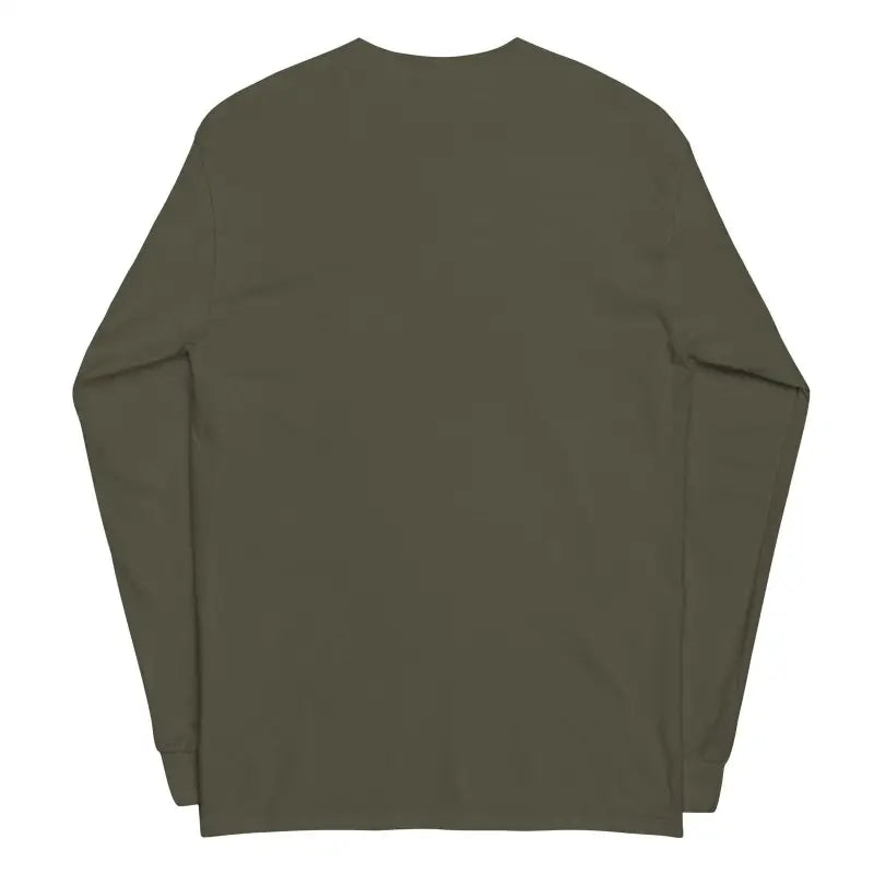 Olive green long-sleeved shirt inspired by surrealism in blue art design