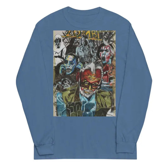 Blue long-sleeved shirt featuring a colorful collage graphic print inspired by surrealism