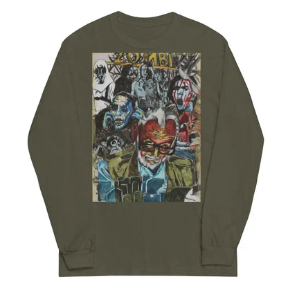 Olive green long-sleeved shirt featuring a vibrant surrealism graphic print on the back