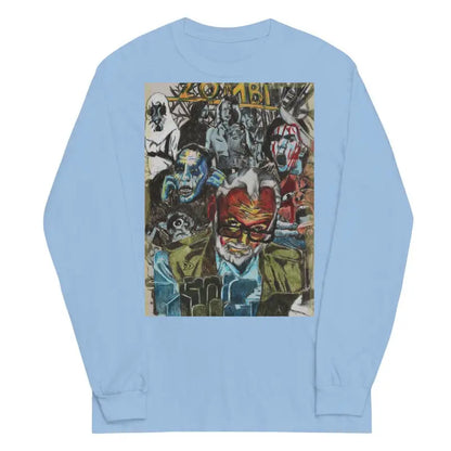 Light blue long-sleeved shirt featuring a surrealism art collage graphic on the back