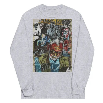 Grey long-sleeved shirt with colorful collage graphic art inspired by surrealism