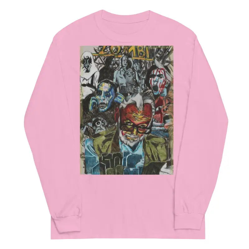 Pink long-sleeved shirt featuring colorful surrealism graphic art tribute to Romero